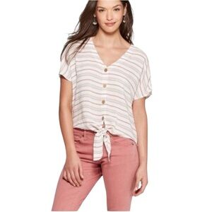 2/$15 Universal Thread - Orange White Striped Tie Front Button Down Blouse | XS